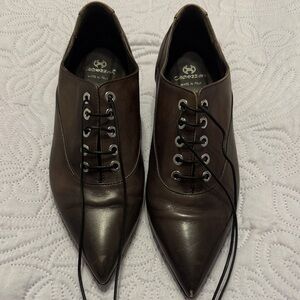 Apepazza Dark Brown Pointed Leather Lace-Up Oxfords. Olive brown, black laces.